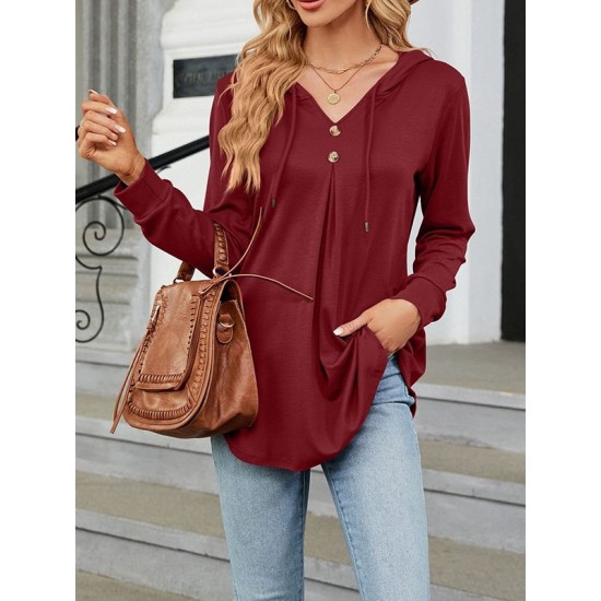 Buttoned Drawstring Hooded Solid Color Long Sleeves Loose V-Neck T-Shirts Tops