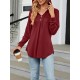 Buttoned Drawstring Hooded Solid Color Long Sleeves Loose V-Neck T-Shirts Tops