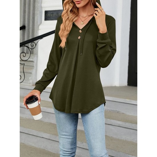 Buttoned Drawstring Hooded Solid Color Long Sleeves Loose V-Neck T-Shirts Tops