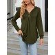 Buttoned Drawstring Hooded Solid Color Long Sleeves Loose V-Neck T-Shirts Tops