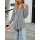 Buttoned Drawstring Hooded Solid Color Long Sleeves Loose V-Neck T-Shirts Tops