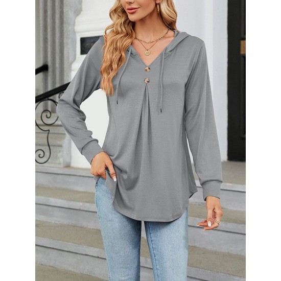 Buttoned Drawstring Hooded Solid Color Long Sleeves Loose V-Neck T-Shirts Tops