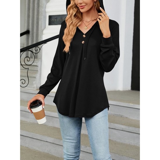 Buttoned Drawstring Hooded Solid Color Long Sleeves Loose V-Neck T-Shirts Tops