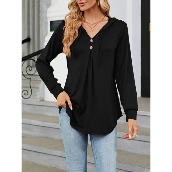 Buttoned Drawstring Hooded Solid Color Long Sleeves Loose V-Neck T-Shirts Tops