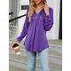 Buttoned Drawstring Hooded Solid Color Long Sleeves Loose V-Neck T-Shirts Tops