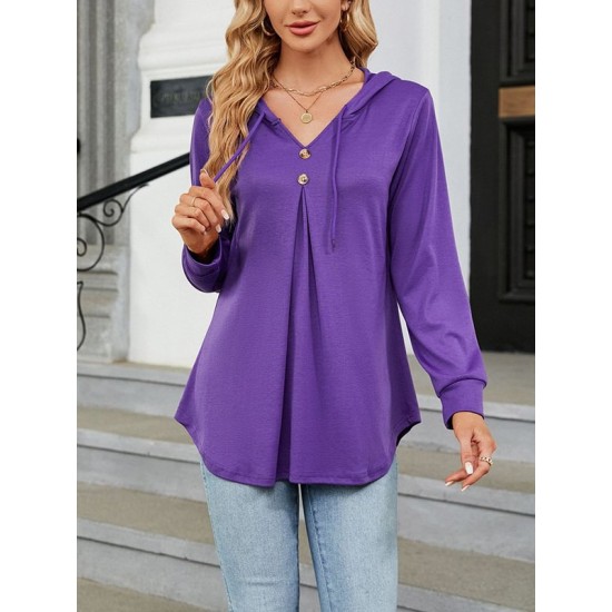 Buttoned Drawstring Hooded Solid Color Long Sleeves Loose V-Neck T-Shirts Tops