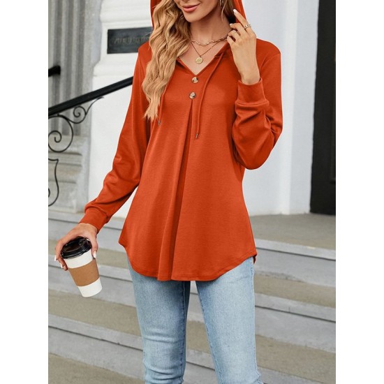 Buttoned Drawstring Hooded Solid Color Long Sleeves Loose V-Neck T-Shirts Tops