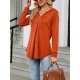 Buttoned Drawstring Hooded Solid Color Long Sleeves Loose V-Neck T-Shirts Tops