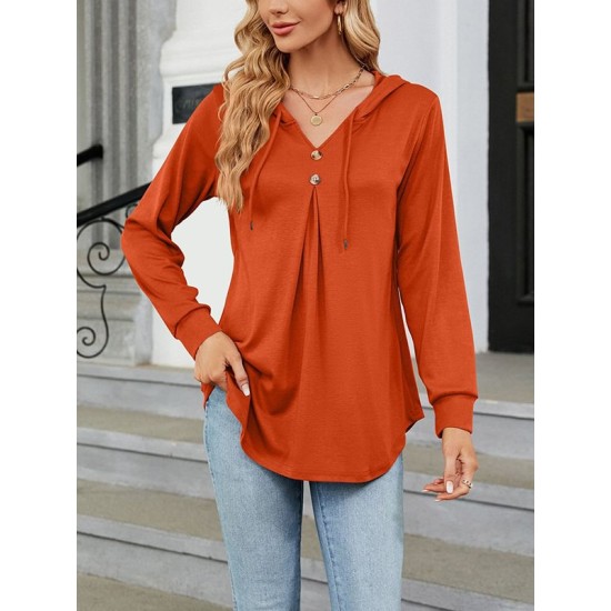 Buttoned Drawstring Hooded Solid Color Long Sleeves Loose V-Neck T-Shirts Tops