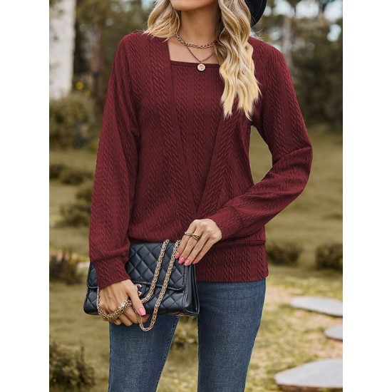 Colorful Solid Color Long Sleeves Loose Square-neck T-Shirts Tops