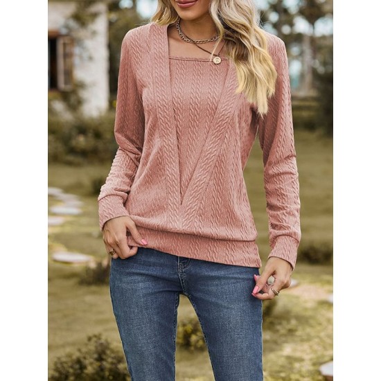 Colorful Solid Color Long Sleeves Loose Square-neck T-Shirts Tops