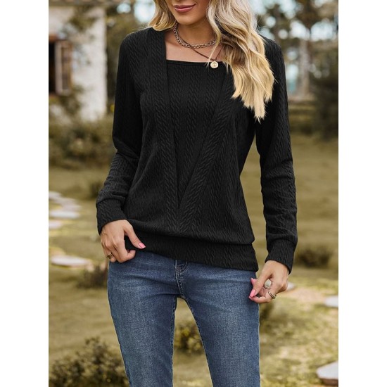 Colorful Solid Color Long Sleeves Loose Square-neck T-Shirts Tops