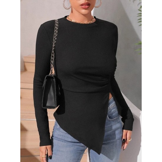 Asymmetric Solid Color Split-Side Long Sleeves Skinny Round-Neck T-Shirts Tops