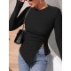 Asymmetric Solid Color Split-Side Long Sleeves Skinny Round-Neck T-Shirts Tops