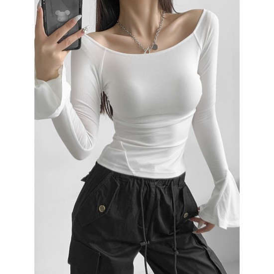 Pleated Solid Color Flared Sleeves Long Sleeves Boat Neck T-Shirts Tops