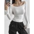 Pleated Solid Color Flared Sleeves Long Sleeves Boat Neck T-Shirts Tops