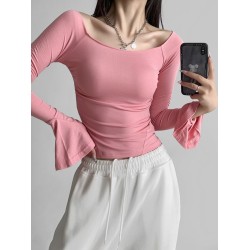 Pleated Solid Color Flared Sleeves Long Sleeves Boat Neck T-Shirts Tops