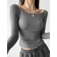 Pleated Solid Color Flared Sleeves Long Sleeves Boat Neck T-Shirts Tops