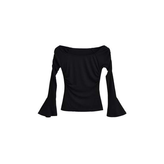 Pleated Solid Color Flared Sleeves Long Sleeves Boat Neck T-Shirts Tops