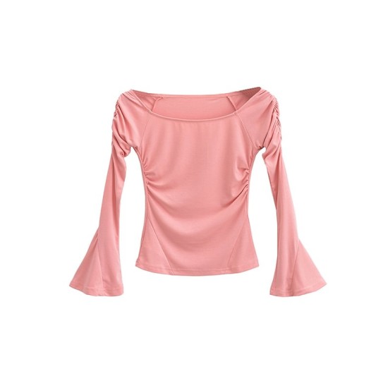 Pleated Solid Color Flared Sleeves Long Sleeves Boat Neck T-Shirts Tops