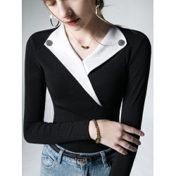 Asymmetric Buttoned Long Sleeves Skinny V-Neck T-Shirts Tops