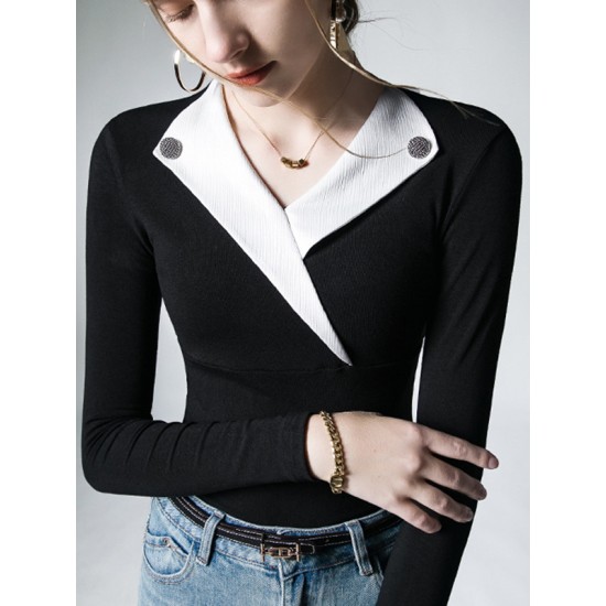 Asymmetric Buttoned Long Sleeves Skinny V-Neck T-Shirts Tops