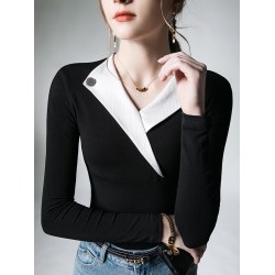 Asymmetric Buttoned Long Sleeves Skinny V-Neck T-Shirts Tops