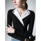 Asymmetric Buttoned Long Sleeves Skinny V-Neck T-Shirts Tops