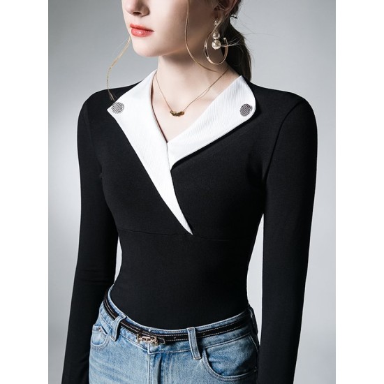 Asymmetric Buttoned Long Sleeves Skinny V-Neck T-Shirts Tops