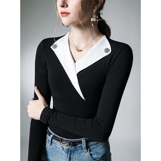 Asymmetric Buttoned Long Sleeves Skinny V-Neck T-Shirts Tops