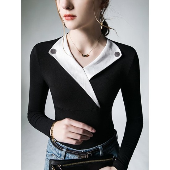 Asymmetric Buttoned Long Sleeves Skinny V-Neck T-Shirts Tops