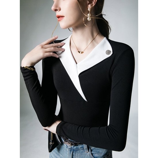 Asymmetric Buttoned Long Sleeves Skinny V-Neck T-Shirts Tops