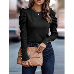 Buttoned Pleated Bishop Sleeve Long Sleeves Round-neck T-Shirts Tops