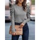 Buttoned Pleated Bishop Sleeve Long Sleeves Round-neck T-Shirts Tops