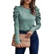 Buttoned Pleated Bishop Sleeve Long Sleeves Round-neck T-Shirts Tops