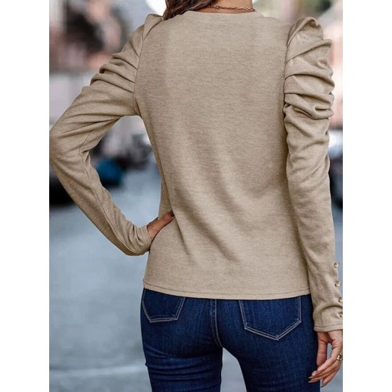 Buttoned Pleated Bishop Sleeve Long Sleeves Round-neck T-Shirts Tops