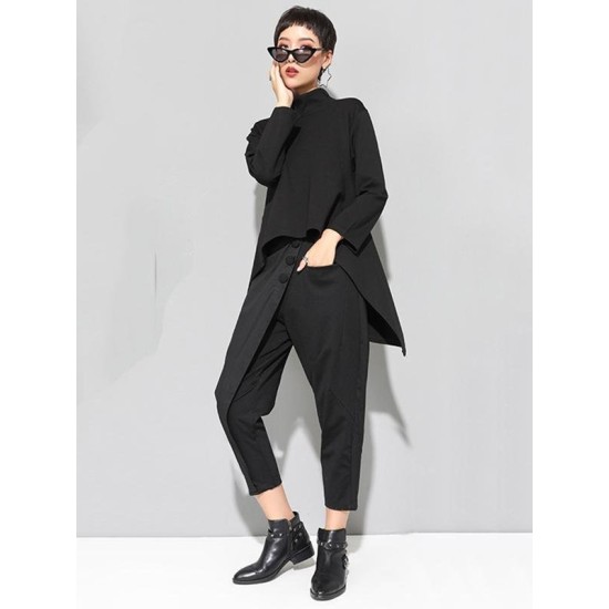 Black Zipper Long Sleeves Swallow-Tailed T-Shirt