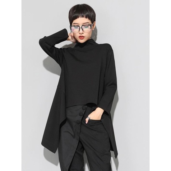 Black Zipper Long Sleeves Swallow-Tailed T-Shirt