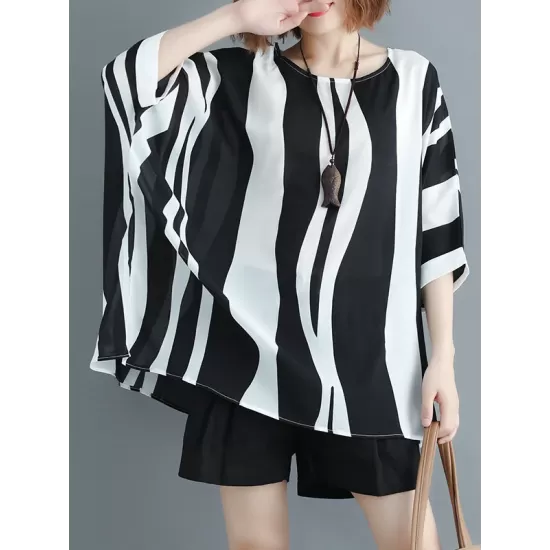 Original Chiffon Batwing Sleeves Striped Shirts Tops