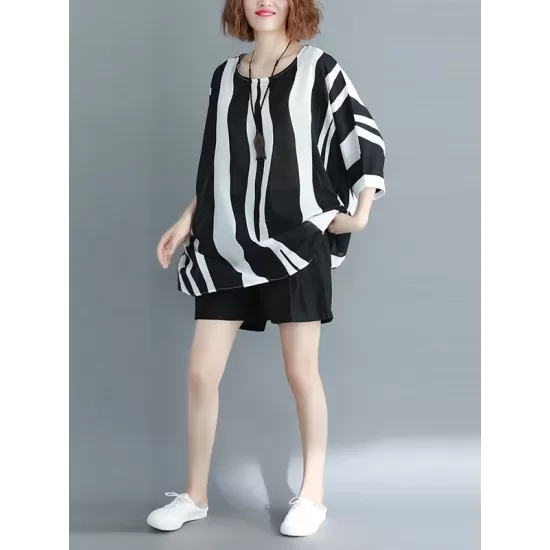 Original Chiffon Batwing Sleeves Striped Shirts Tops