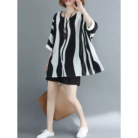 Original Chiffon Batwing Sleeves Striped Shirts Tops