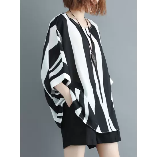 Original Chiffon Batwing Sleeves Striped Shirts Tops