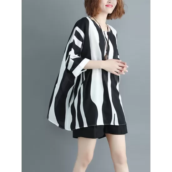 Original Chiffon Batwing Sleeves Striped Shirts Tops