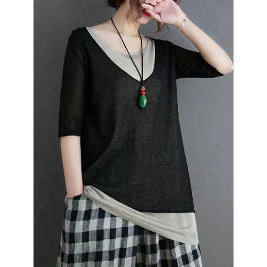 Artistic False Two Loose Ramie Cotton Half Sleeve Shirt