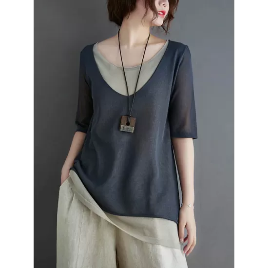 Artistic False Two Loose Ramie Cotton Half Sleeve Shirt