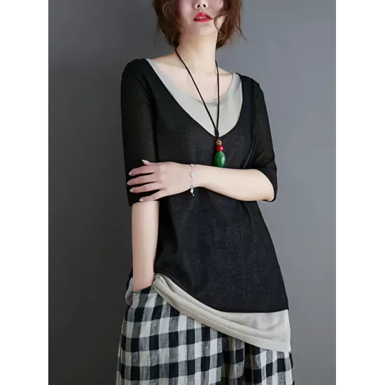 Artistic False Two Loose Ramie Cotton Half Sleeve Shirt