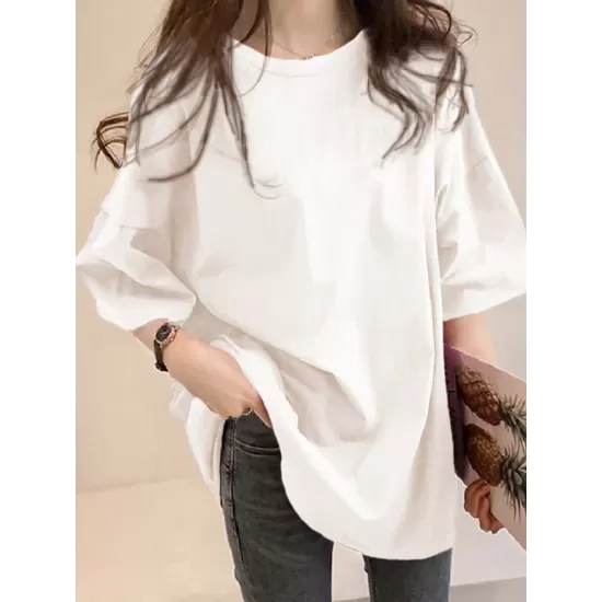 Casual Loose Puff Sleeve Round-Neck T-Shirts Tops