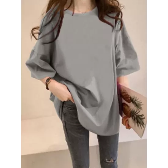 Casual Loose Puff Sleeve Round-Neck T-Shirts Tops