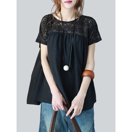 Vintage Solid Color Split-Joint Pleated Embroidered Hollow Lace Round-Neck Short Sleeves T-Shirt