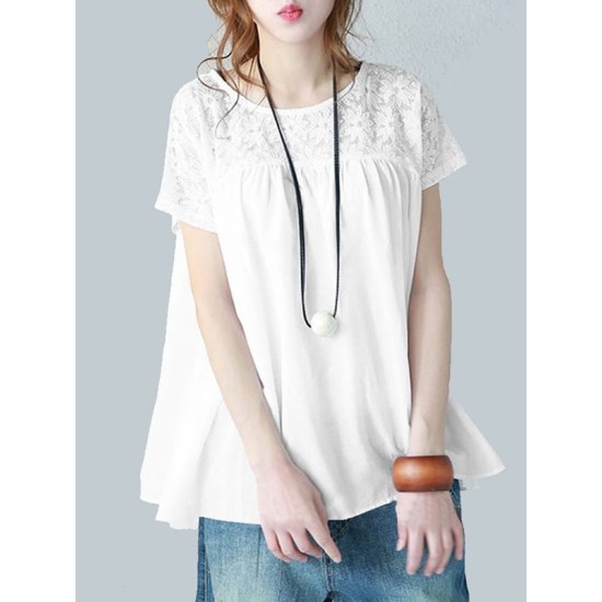 Vintage Solid Color Split-Joint Pleated Embroidered Hollow Lace Round-Neck Short Sleeves T-Shirt